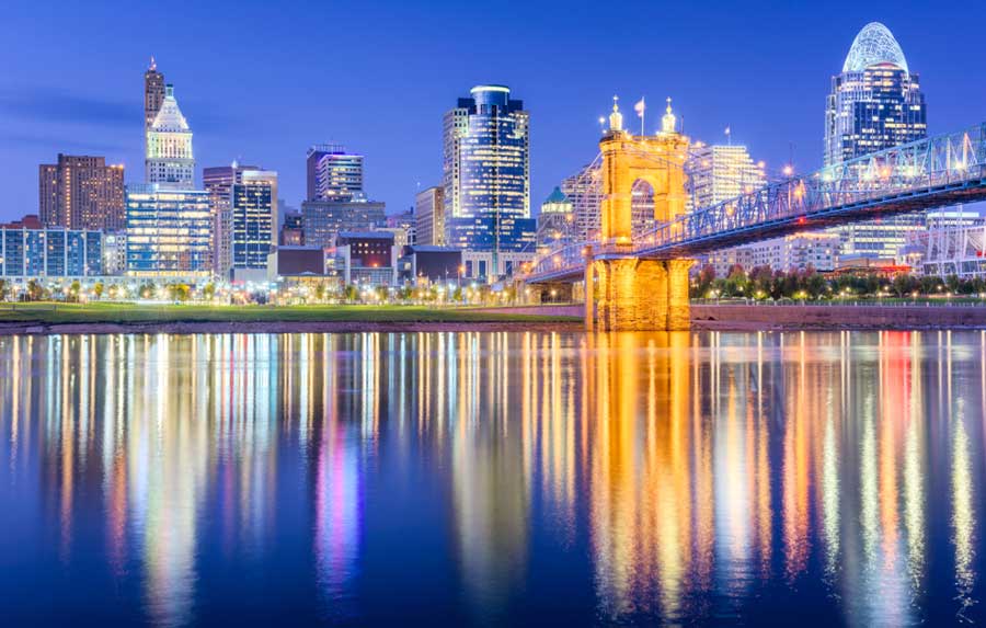The reflection of Cincinnati skyline on the Ohio River