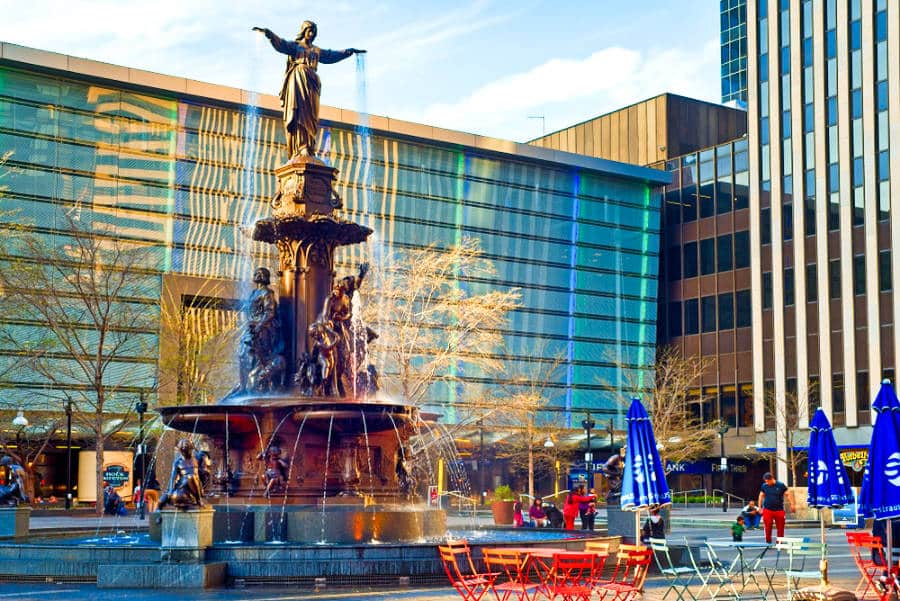 View of the Tyler Davidson Fountain at Fountain Square at sunset