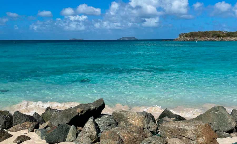 View of the rocky shoreline in Cinnamon Bay