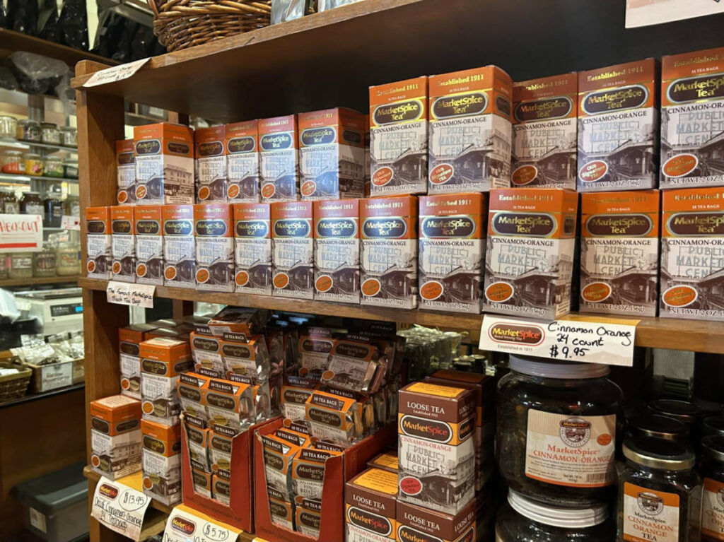 Boxes of Cinnamon orange tea on display at MarketSpice