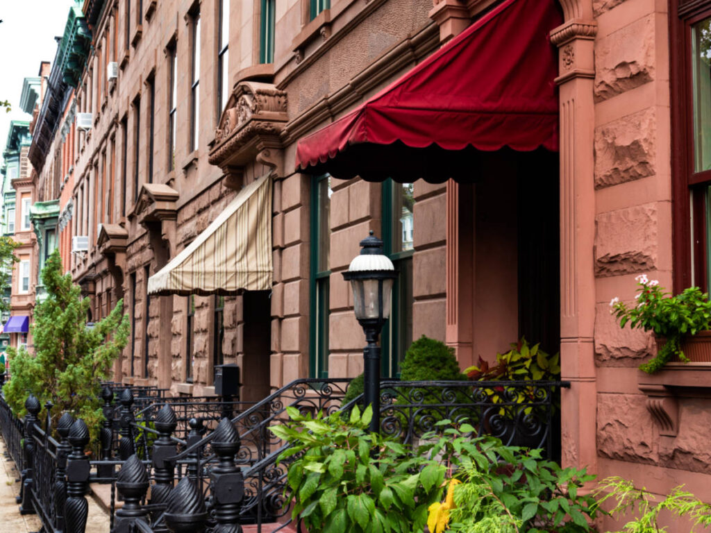 Exterior view of the Brownstone buildings along the City Center of Hoboken
