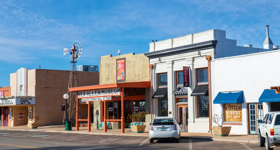 Clear blue sky over an establishment in Willcox, Arizona