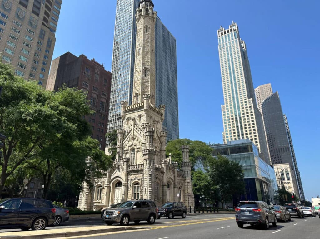 Clear blue sky over the building of the City Gallery at the Historic Water Tower