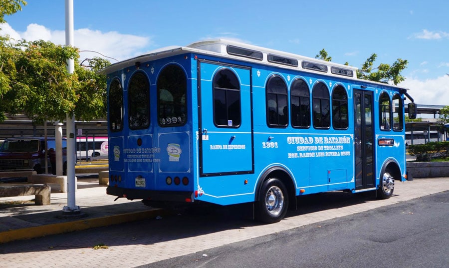 A blue city trolley in Puerto Rico