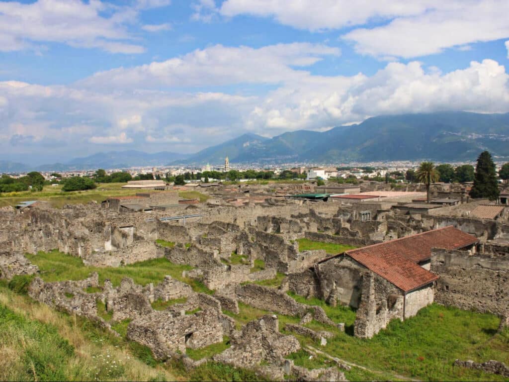 View of the ruins in the cityscape of Pompeii
