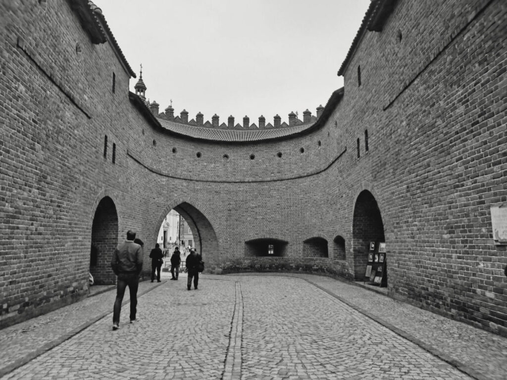 Black and white photo of the City walls in Warsaw’s Old Town