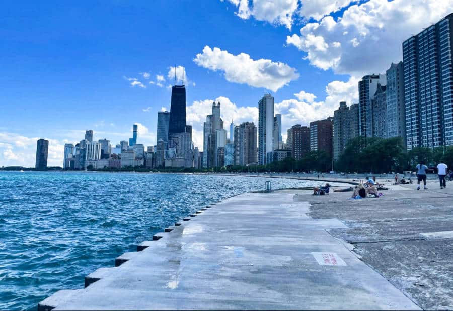 People enjoying the cityscape views from the Lakefront Trail