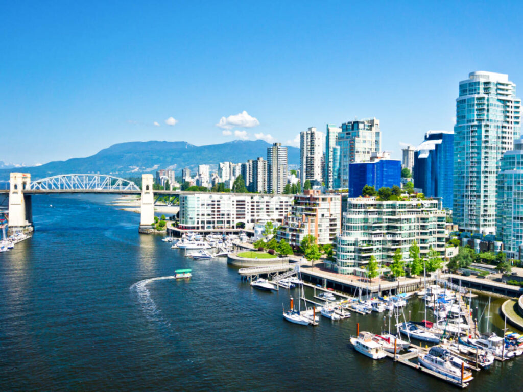 View of the bridge and the skyscrapers in Vancouver on a sunny day