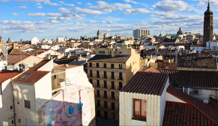 Aerial view of the buildings in an old town of Zaragoza.