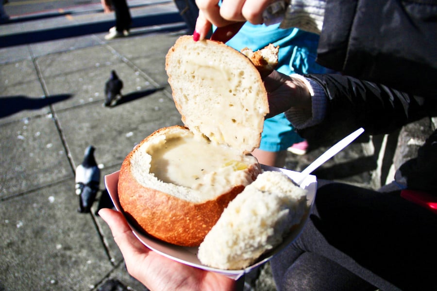 A clam chowder in a bread bowl