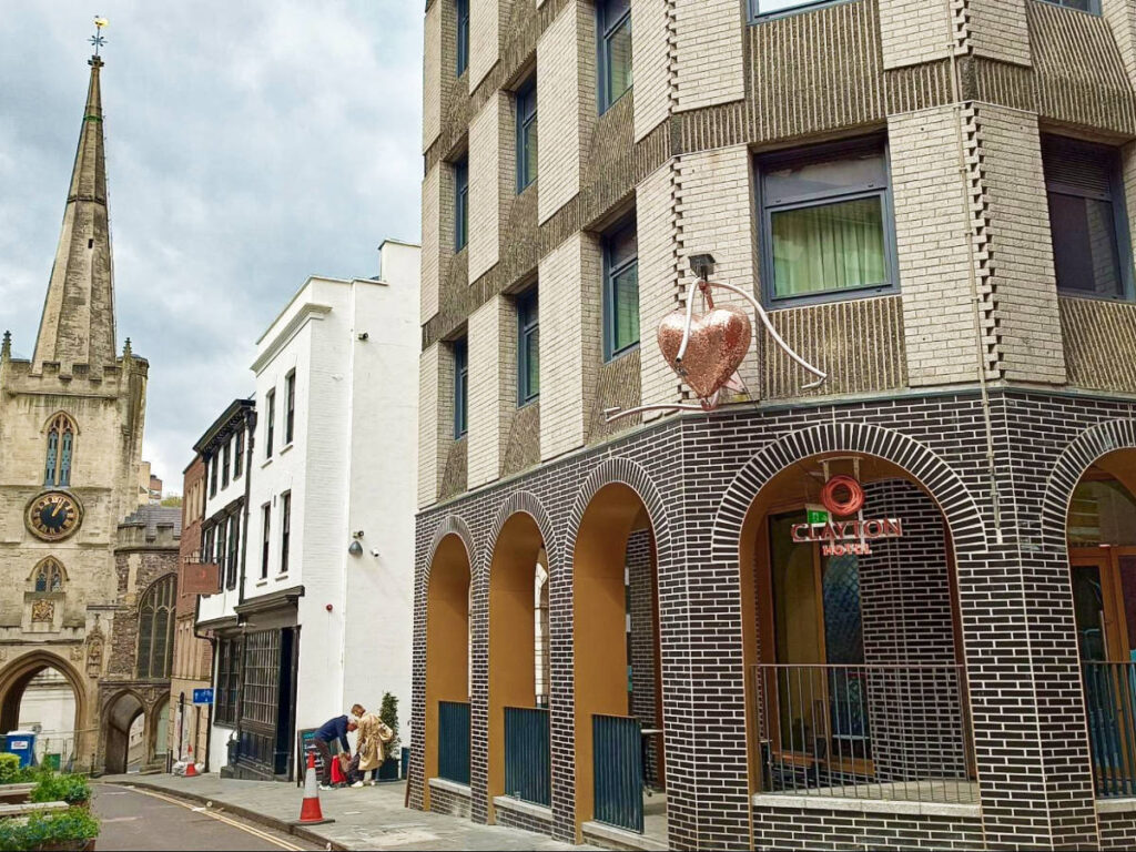Exterior view of the Clayton Hotel at the corner of Broad Street
