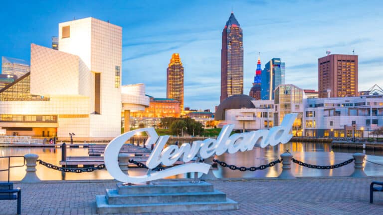 View of the downtown skyline from the lakefront with the huge signage of Cleveland