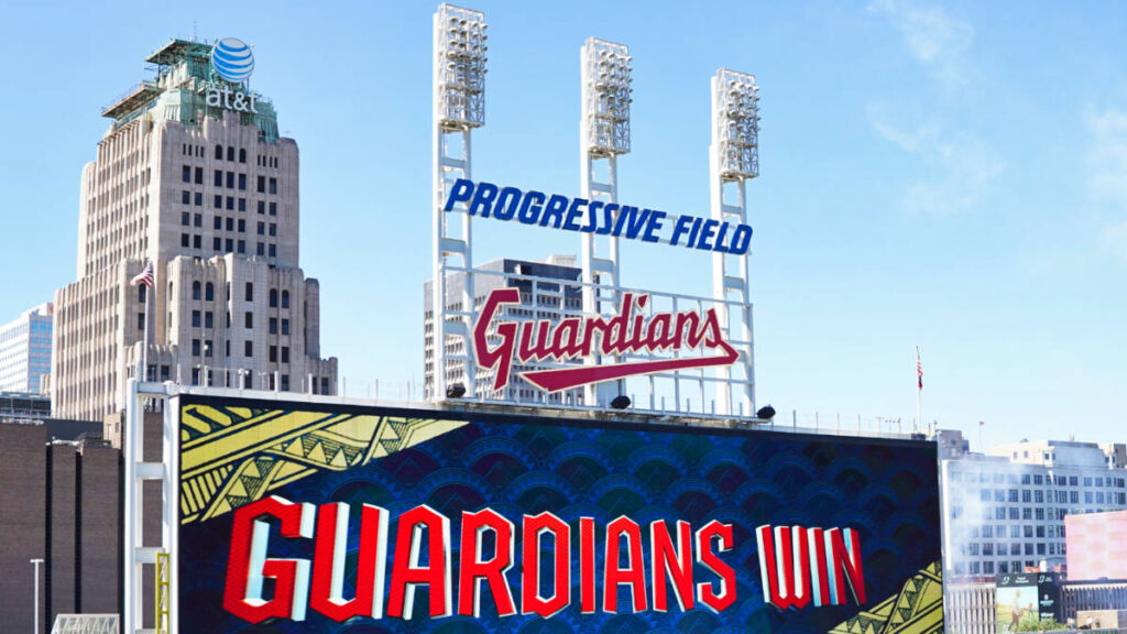 The scoreboard showing the Cleveland "Guardians Win" at Progressive Field