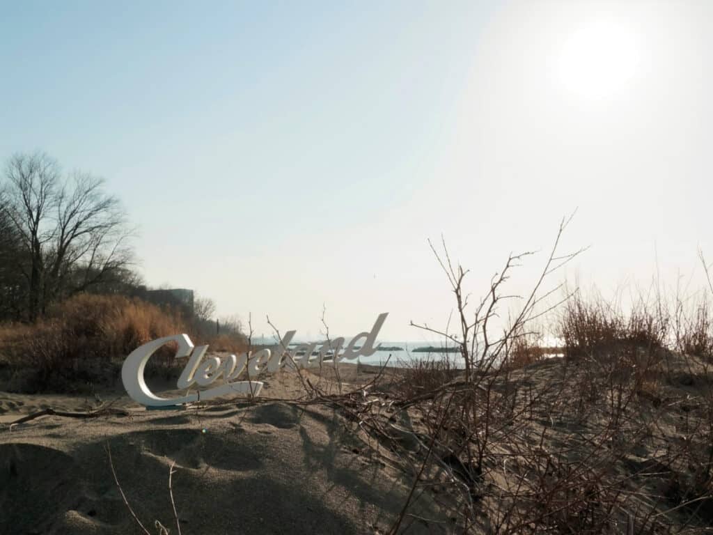 View of the "Cleveland" signage at Euclid Beach Park on a sunny day