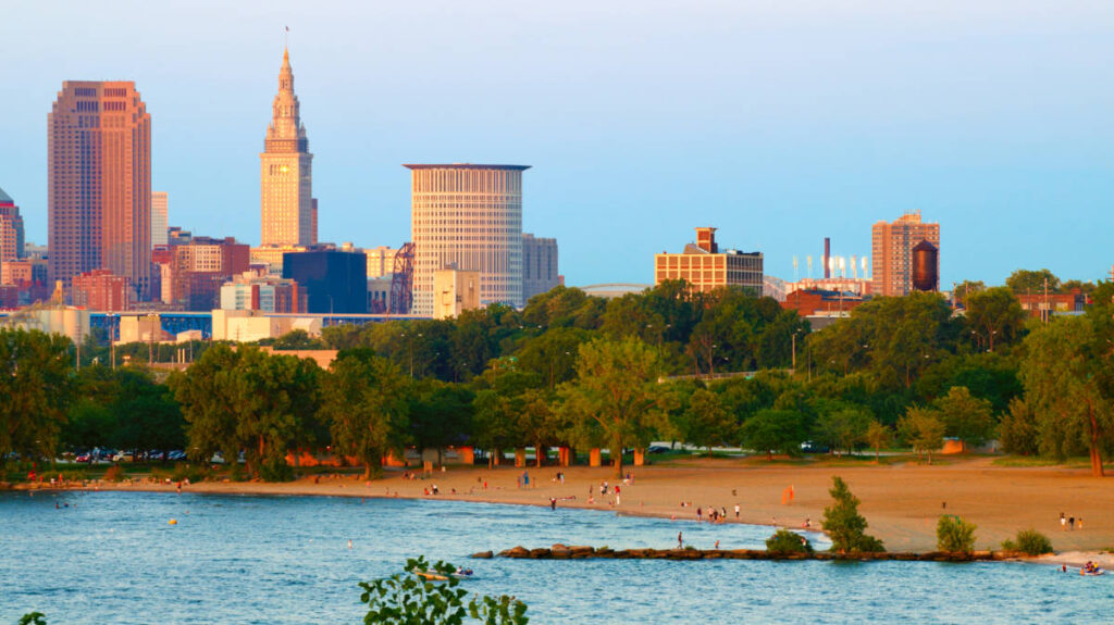 Panoramic view of the Cleveland skyline from Edgewater Beach