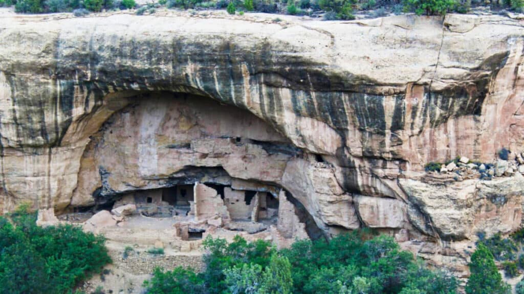 View of the cliff dwellings from a distance in Mesa Verde National Park