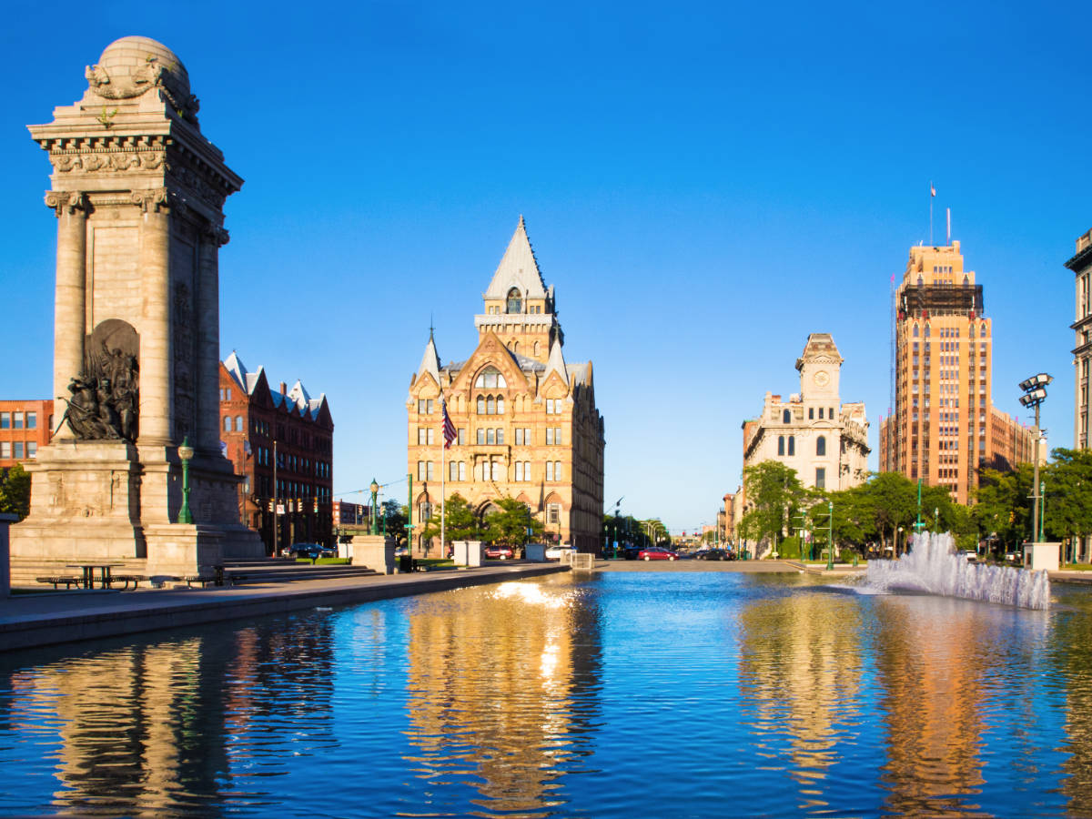 Clear blue sky over the Clinton Square