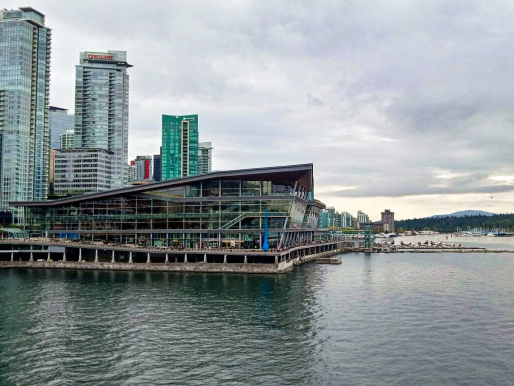 View of the towers in Coal Harbour overlooking the Stanley Park and the Vancouver Convention Centre