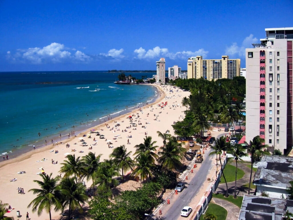 Aerial view of the high rise along the coast at Isla Verde Beach