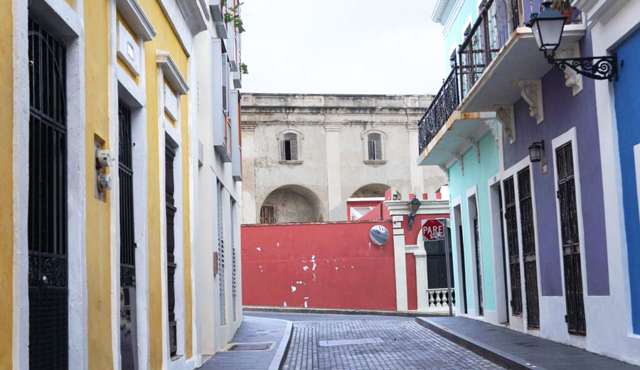 The Cobblestone street in Old San Juan with colorful houses