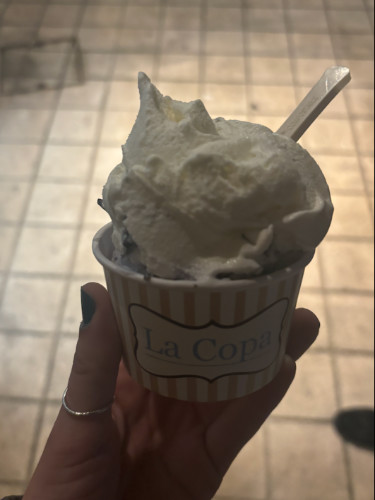 Holding a coconut and lavender gelato