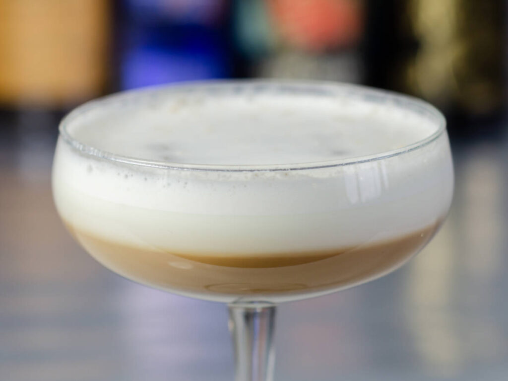 A glass of a coffee-based cocktail