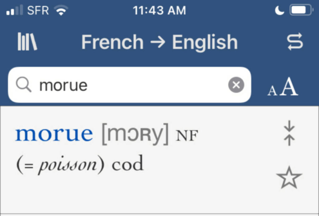 The morue translation on the Collins-Robert Dictionary mobile app