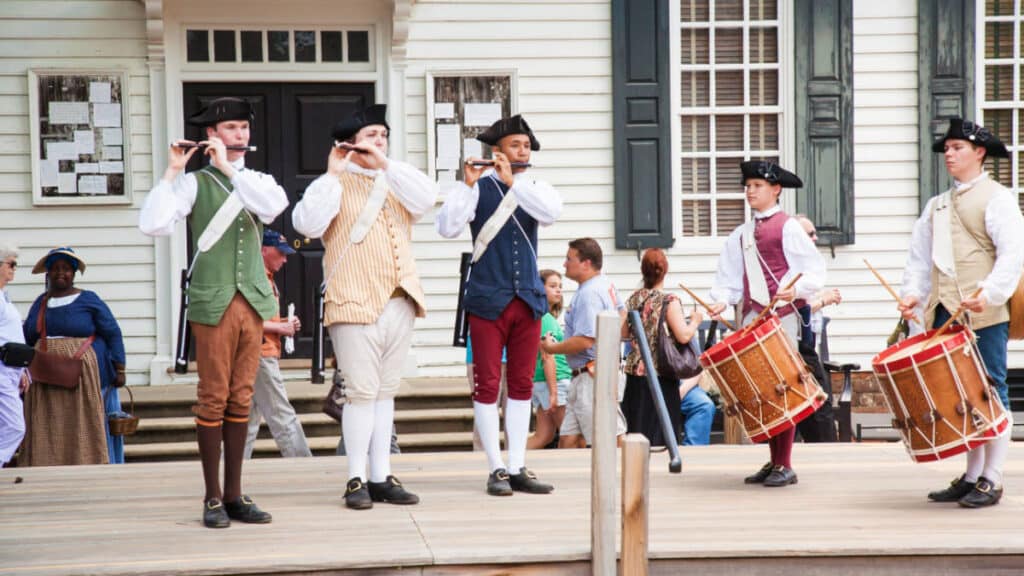 Members of Fifes and Drums performing in Colonial Williamsburg