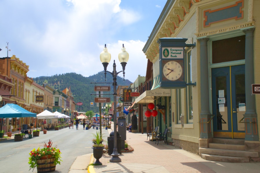 View of store fronts in downtown Idaho Springs