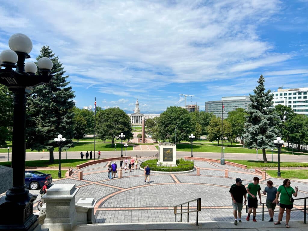View of people from the Colorado State Capitol building in Denver