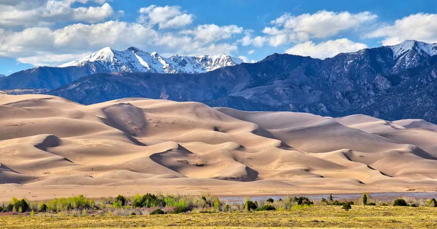 View from the Great Sand Dunes National Park under the clear blue sky