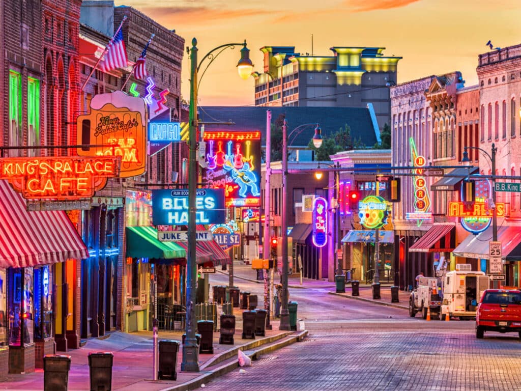 View of the illuminated neon lights around the Beale Street in Memphis