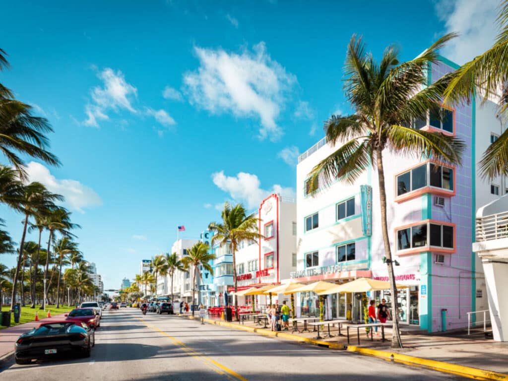 View of the beautiful colorful buildings along Miami Beach on a sunny day