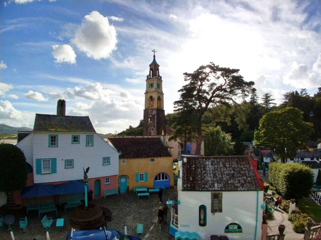 Overlooking view of the colorful buildings in Portmeirion