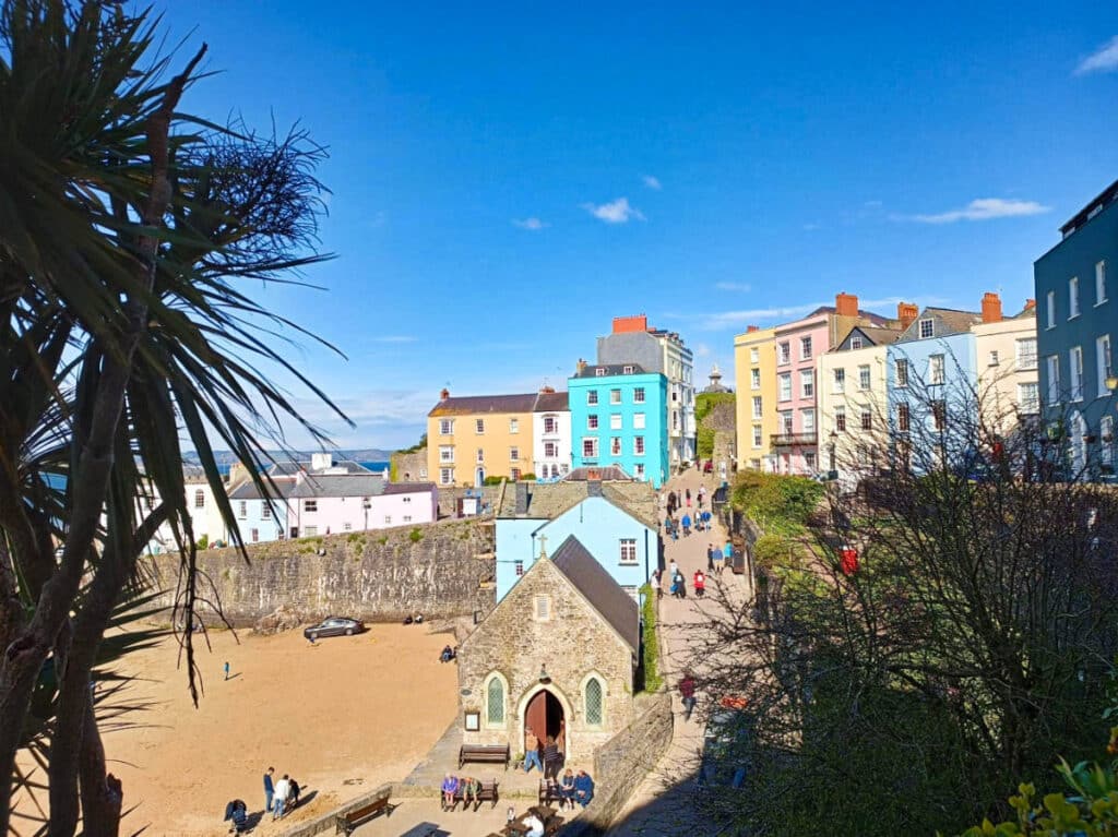 View of the colorful buildings near the Tenby North Beach