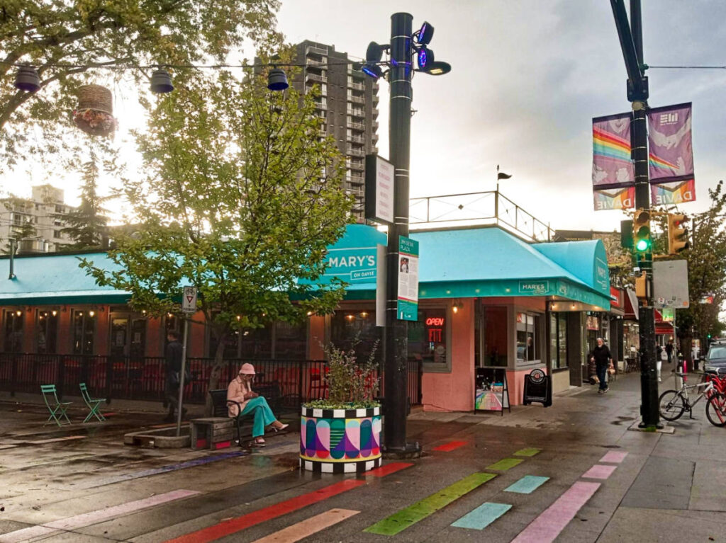 View of the colorful Davie Street on a gloomy day