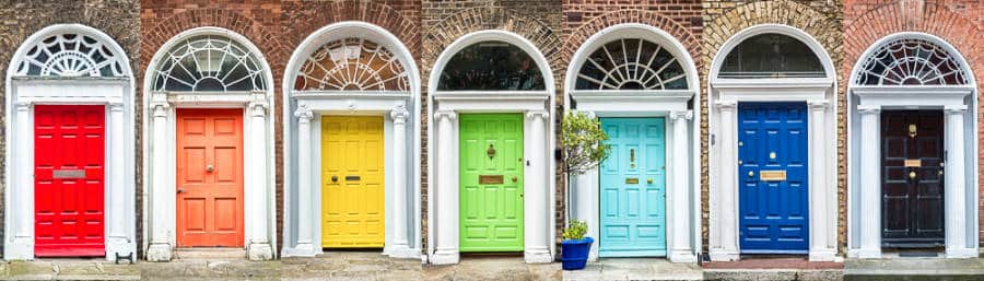 View of the colorful collection of doors in Dublin