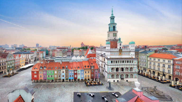 Aerial view of colorful houses and an old Town Hall