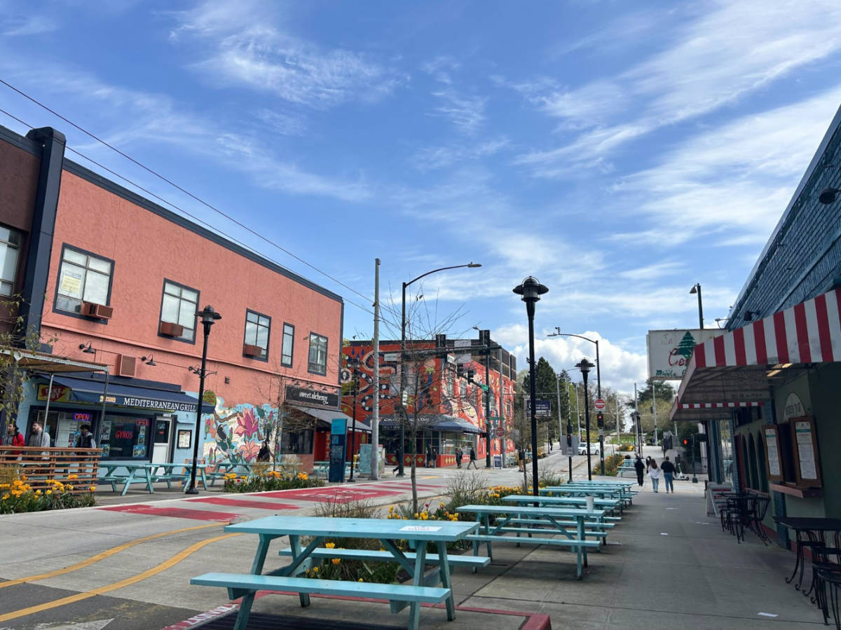 View of the colorful murals and the restaurants at the University District