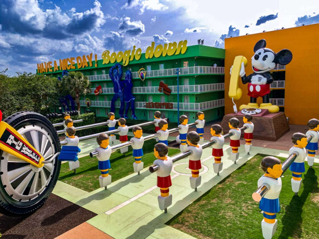 View of the colorful 70s section courtyard at the Pop Century Resort