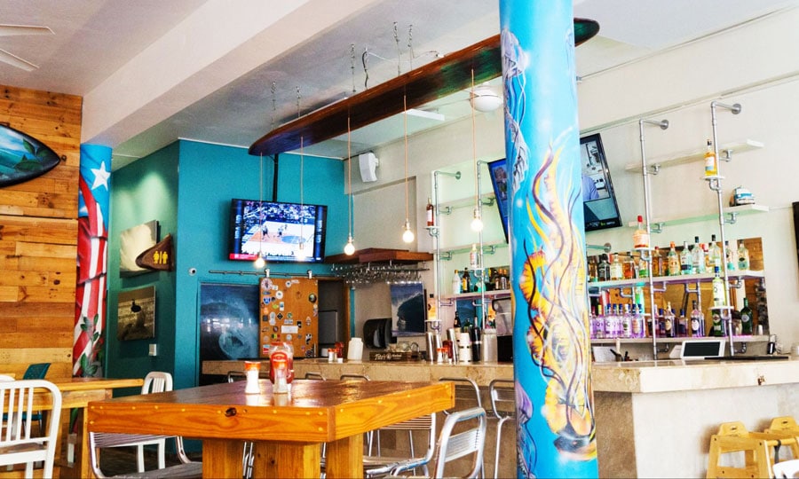 View of the interior of the colorful restaurants
