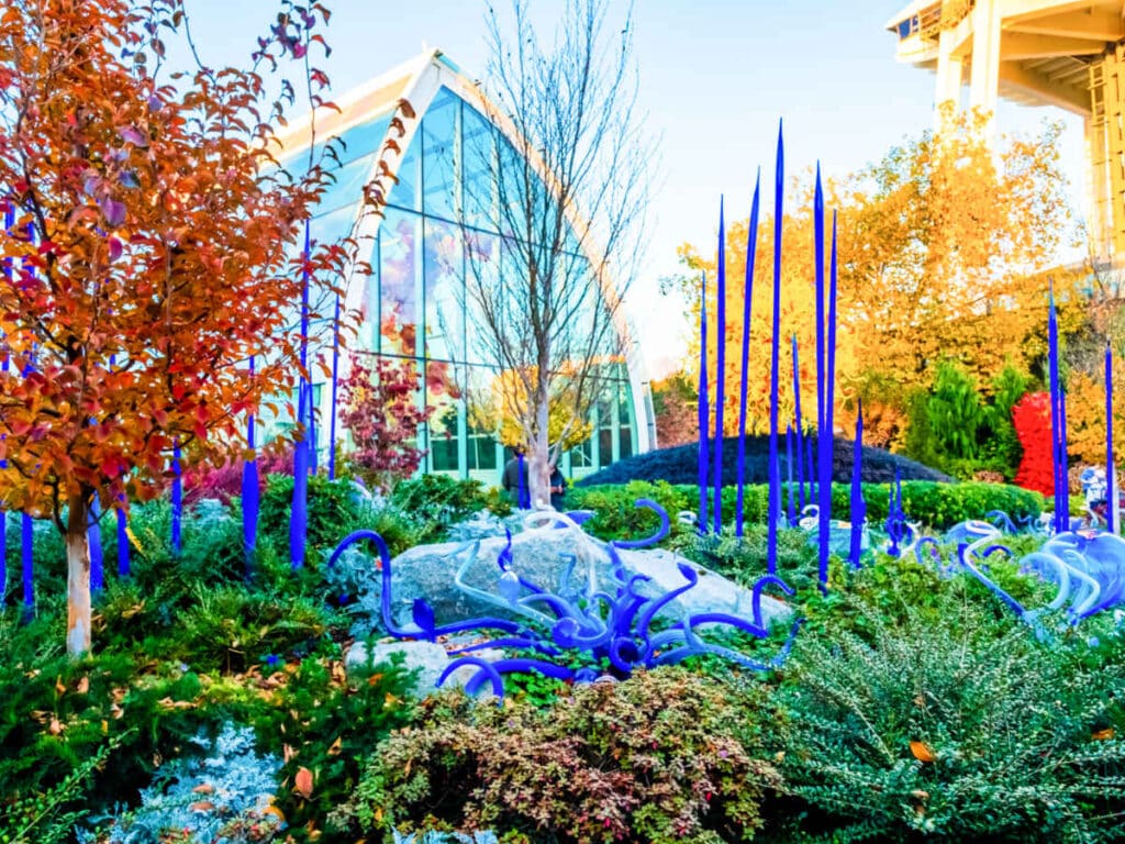 View of the colorful and cool sculptures outside Chihuly Garden and Glass