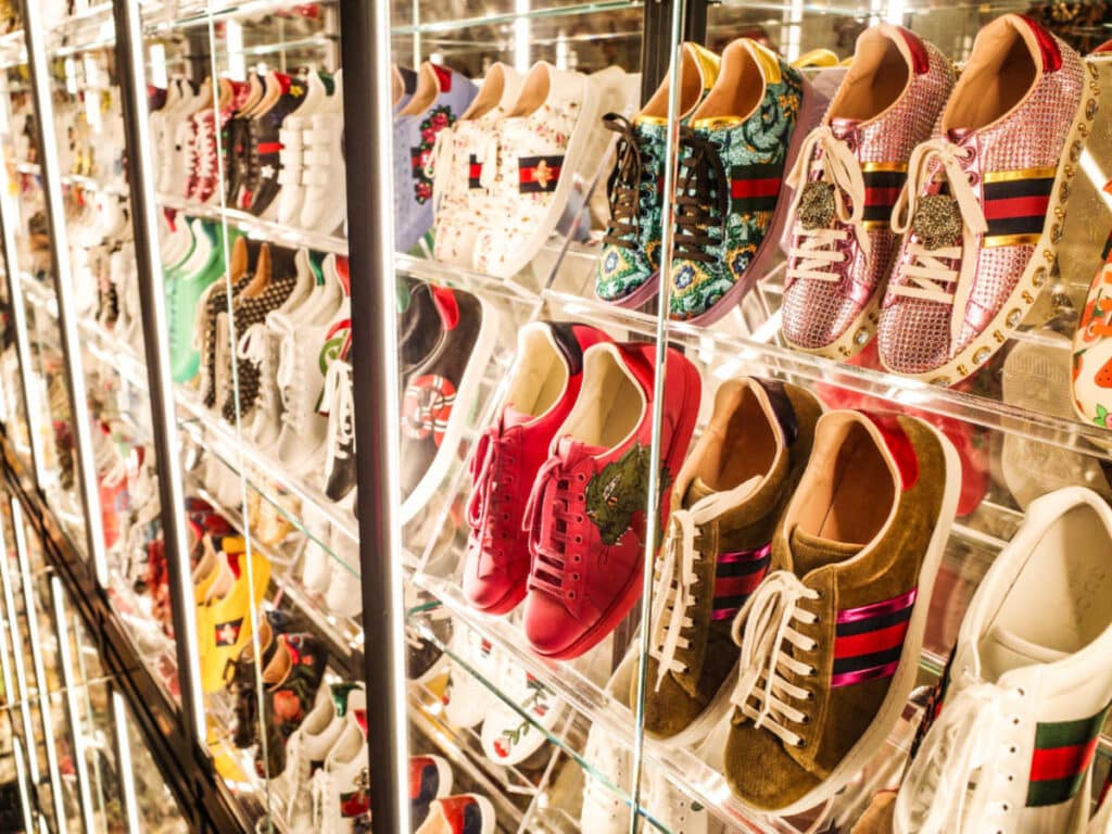 View of the colorful shoe exhibit at the Gucci Garden Museum