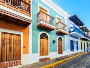 Colorful houses in the street of Old San Juan in Puerto Rico