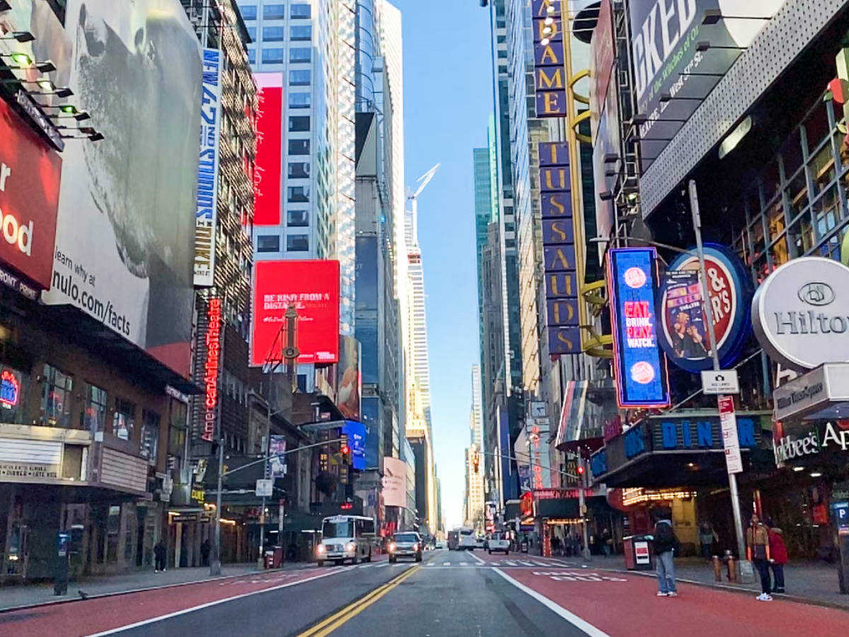 View of the colorful LEDs around Times Square at daytime