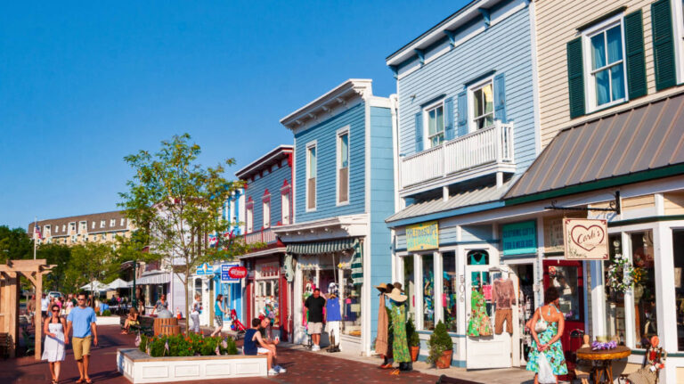 View of the colorful exterior of the shops in Cape May
