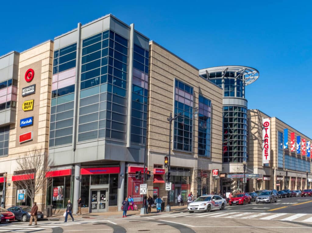 View of the busy streets around the shopping center in Columbia Heights