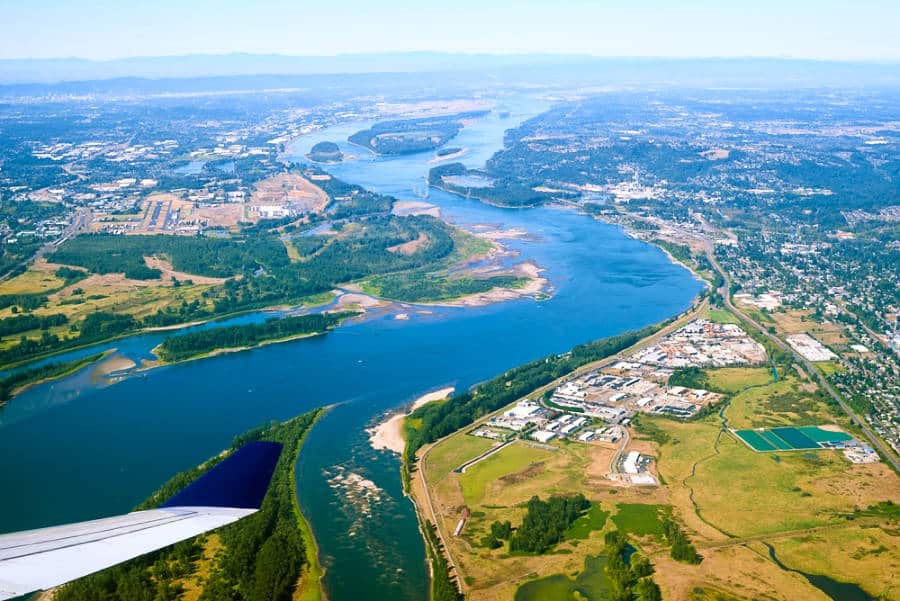 View of the deep blue water of Columbia River from the airplane