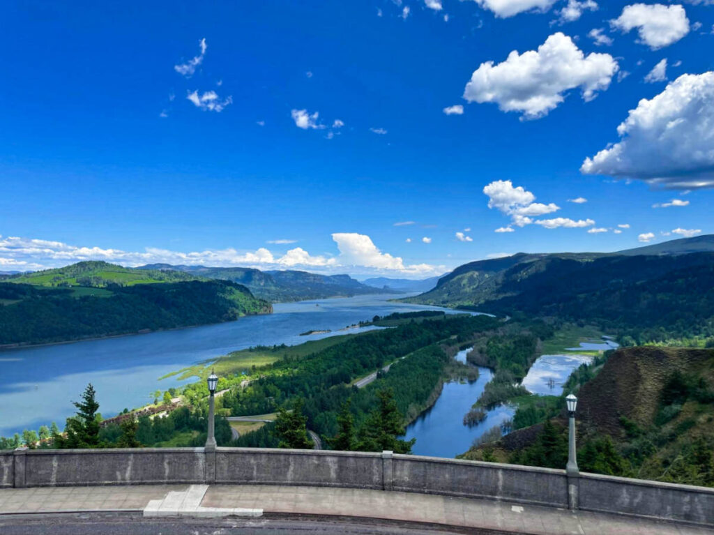 Overlooking view of the Columbia River Gorge surrounded by greenery