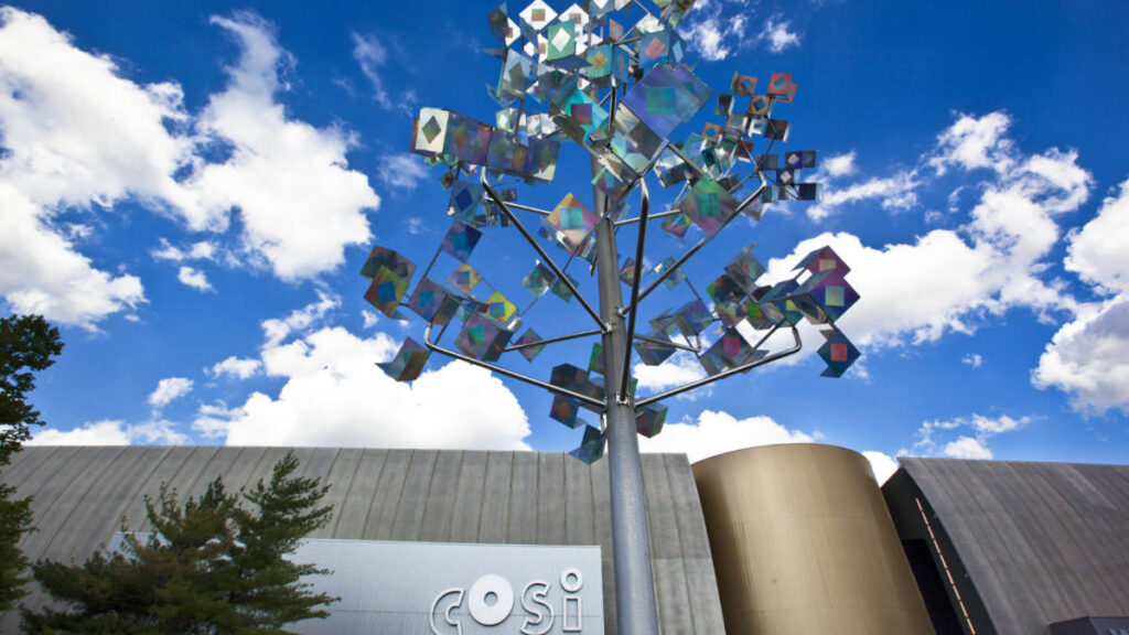 View of the tree-like art piece outside Center of Science and Industry (COSI)